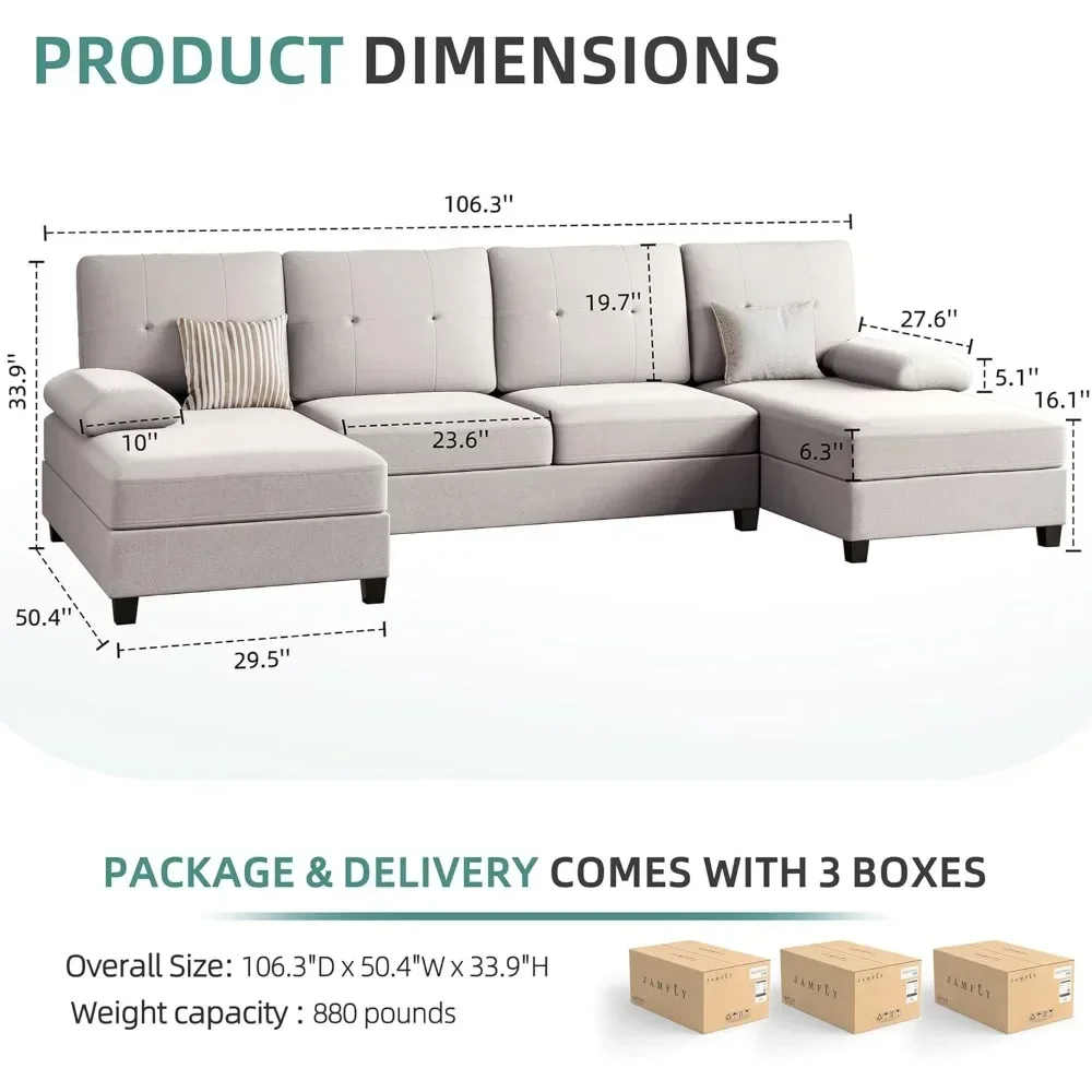 Sectional Sofa Couches for Living Room, U Shaped Couch Sofas Living Room Furniture Sets Clearance with Double Chaises