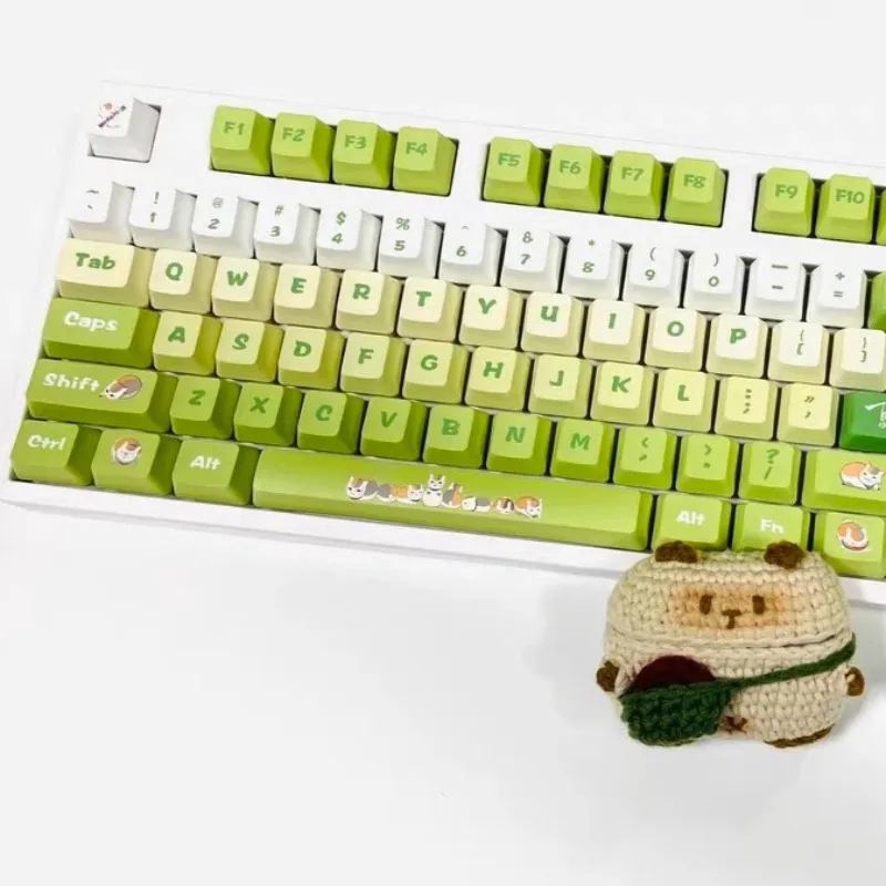 Green Cat Pattern Cute Anime Mechanical Keyboard Keycaps PBT Sublimation Full Set