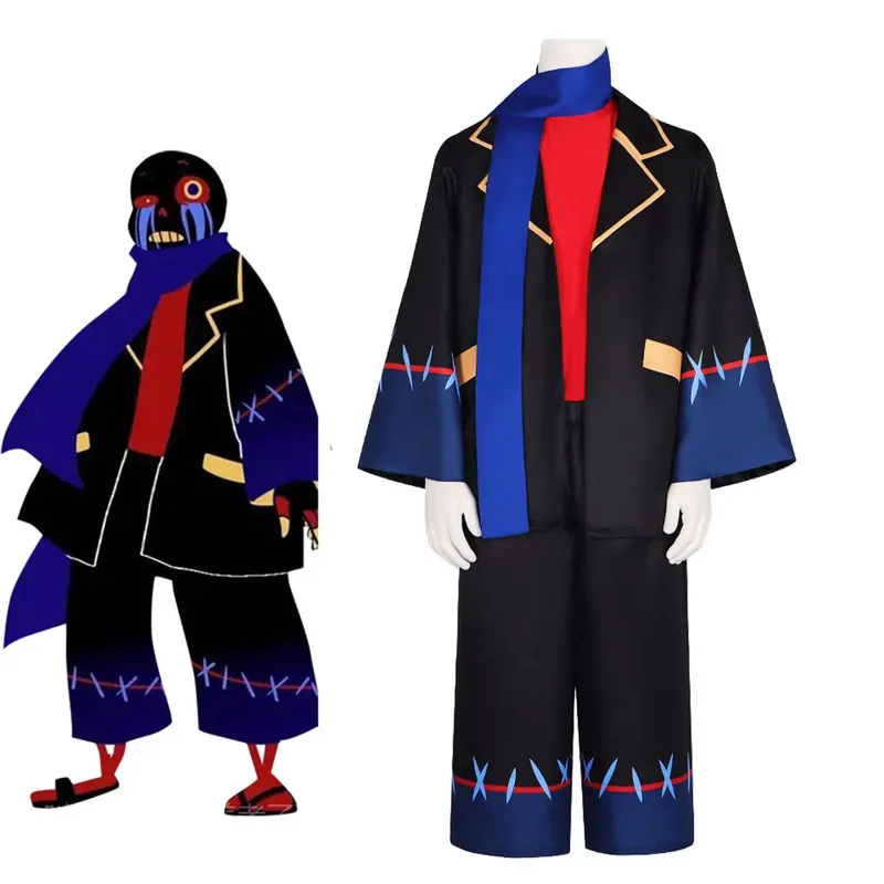 qa156Anime Undertale Error Sans Cosplay Costume for Adult Black Uniform Jacket Pants with Royal Blue Scarft Halloween Suit
