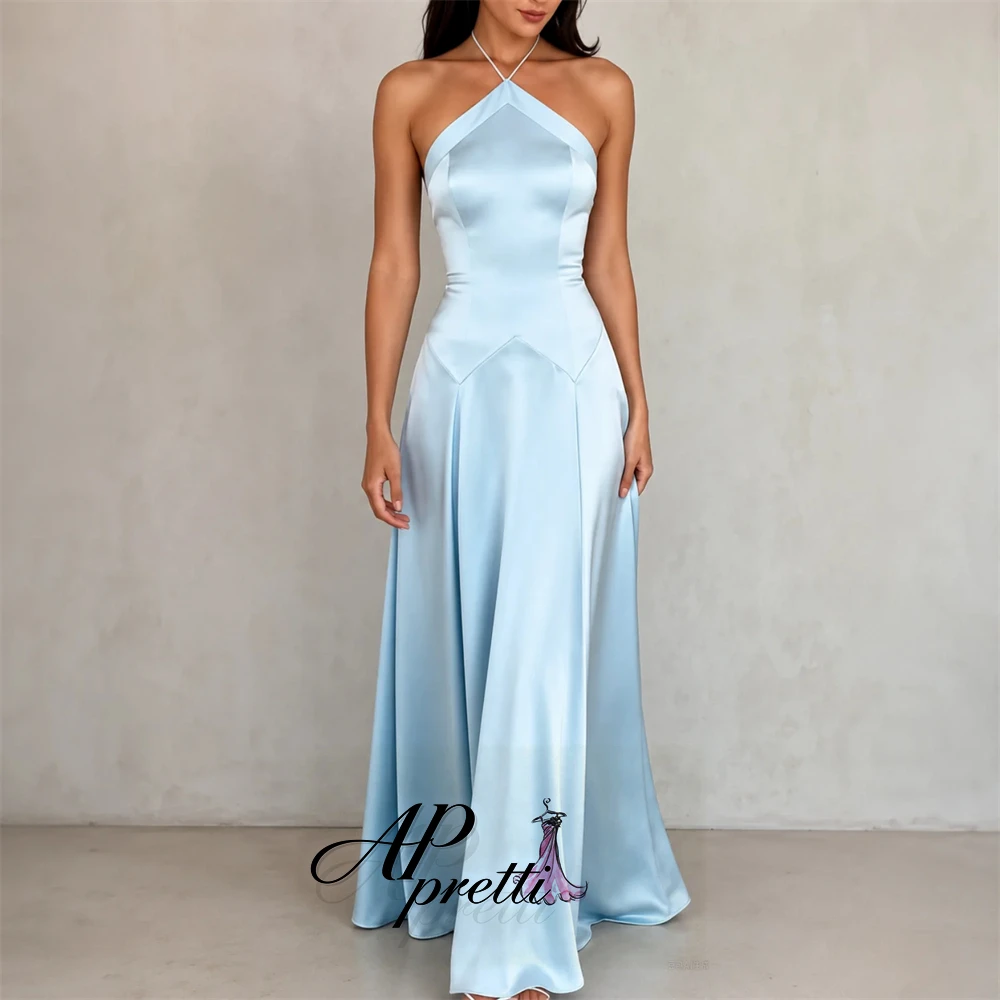 AP pretti Blue Halter Satin Evening Dress Customized Sleeveless Long Floor Length Party Gown Formal Bridesmaid Dresses For Women