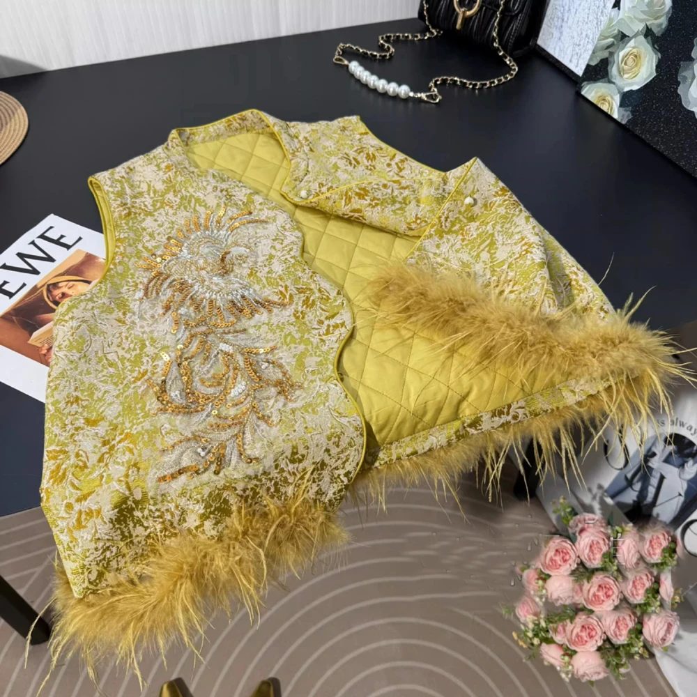 New Chinese Sequined Beads Vest Ladies Luxury Ostrich Feather Sleeveless Qipao Top Hanfu Costume Autumn Winter New Waistvest