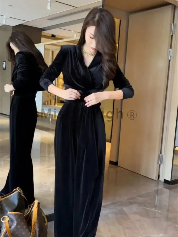 Autumn Elegant Velvet Jumpsuits Women Korean Style Bandage Designer Office Lady Jumpsuits Long Sleeve Casual Jumpsuits 2022 New