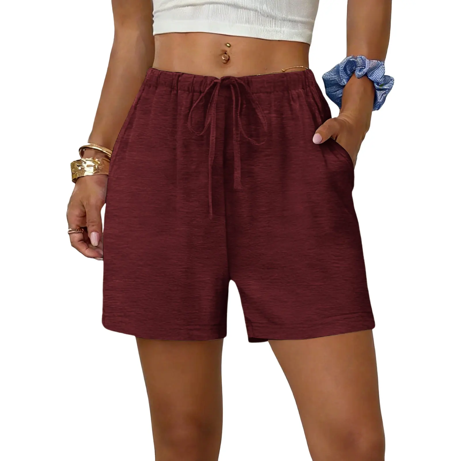 Women's Summer High Waist Drawstring Casual Shorts Loose Fit Comfy Cotton Blend A-line Shorts with Pockets for Daily Wear Beach