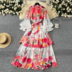 Women Floral Print Cascarding Long Dress Summer Casual Flare Sleeve Belt Lace Up Loose Dress Female Bohemian Beach Maxi Dresse