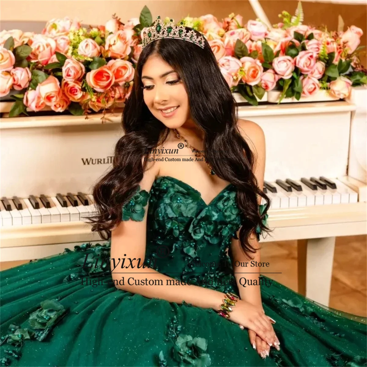 Green Glitter Quinceanera Dresses 3D Flower Vestidos de 15 quniceanera Dress Ball Gown Pearls Junior Girls Sweet 16 Party Gown