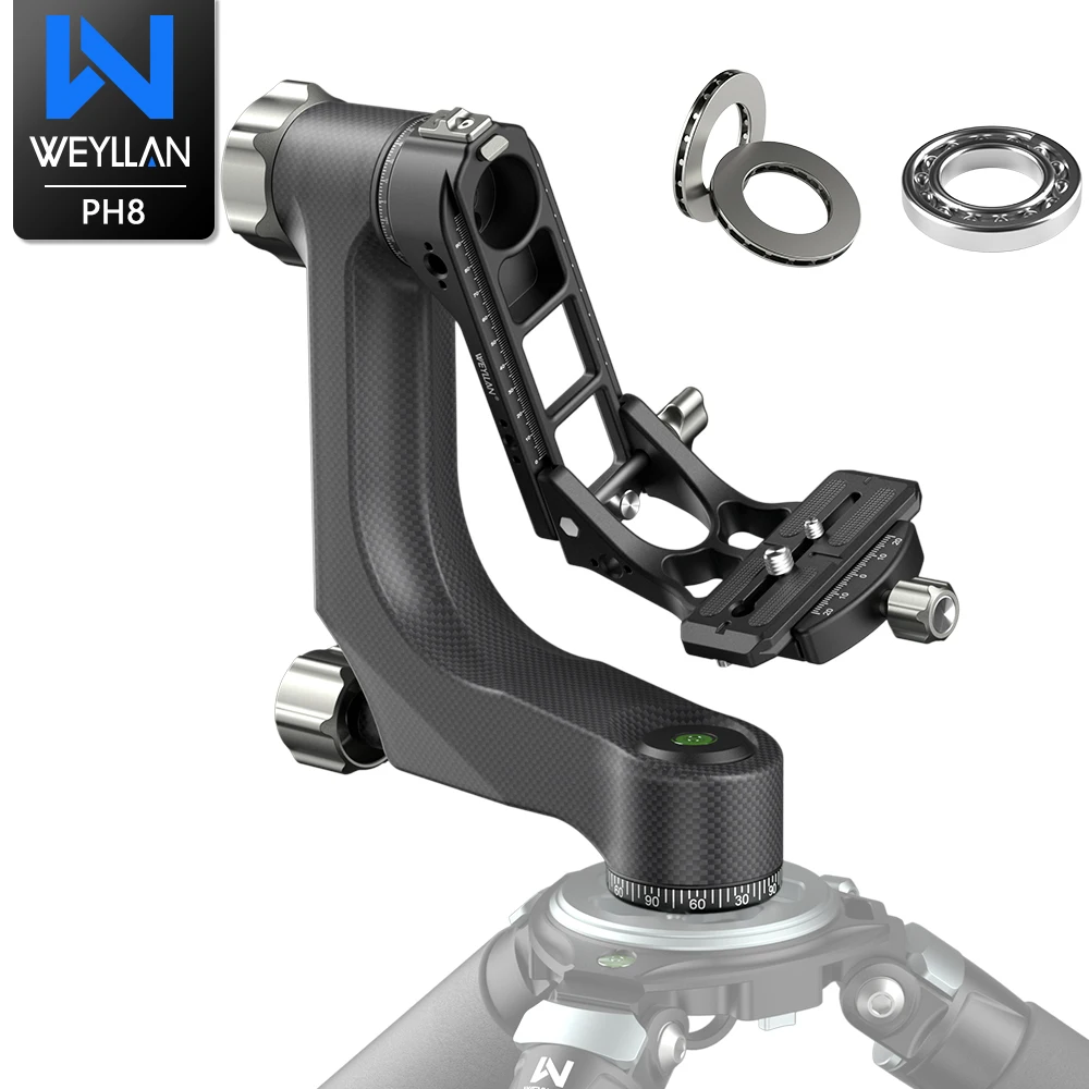 

WEYLLAN PH8 Professional Gimbal Tripod Head Carbon Fiber Heavy Duty Arca Swiss Q.R Plate Max Load 33.1lbs/15kg for DSLR Camera