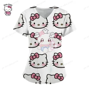 Frauen Taschen mit Ausschnitt gegen Uniform Krankenschwester, liebevolle Arbeiter t -Shirt, Krankenschwester Tops, klinische Arbeitskleidung, Kurzarm, gedruckte Oberteile, Hallo Kitty 6 Hauptverkäufe nach der Operation - №1