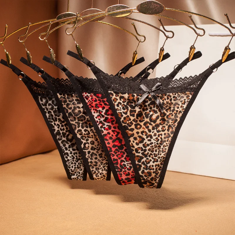 

Женские сексуальные трусики-стринги с леопардовым принтом и кружевом с бантом, дышащее сетчатое прозрачное нижнее белье, женские трусы, чувственное нижнее белье, стринги