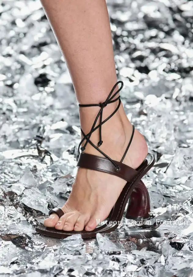 

2025 Summer New Vintage Square Pull Toe Strange Style High Heel Sandals Women's Ankle Lace Up Gladiator Slingback Sandals