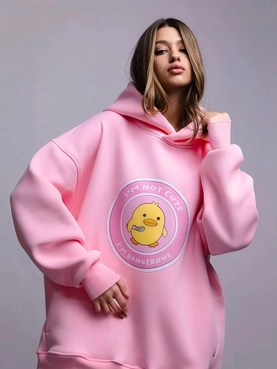 Autumn Winter Womwn Oversized Hoodie Warm Sweatshirt Three Duck Print Loose Casual Sport Fashion Hooded Unisex Hooded Streetwear