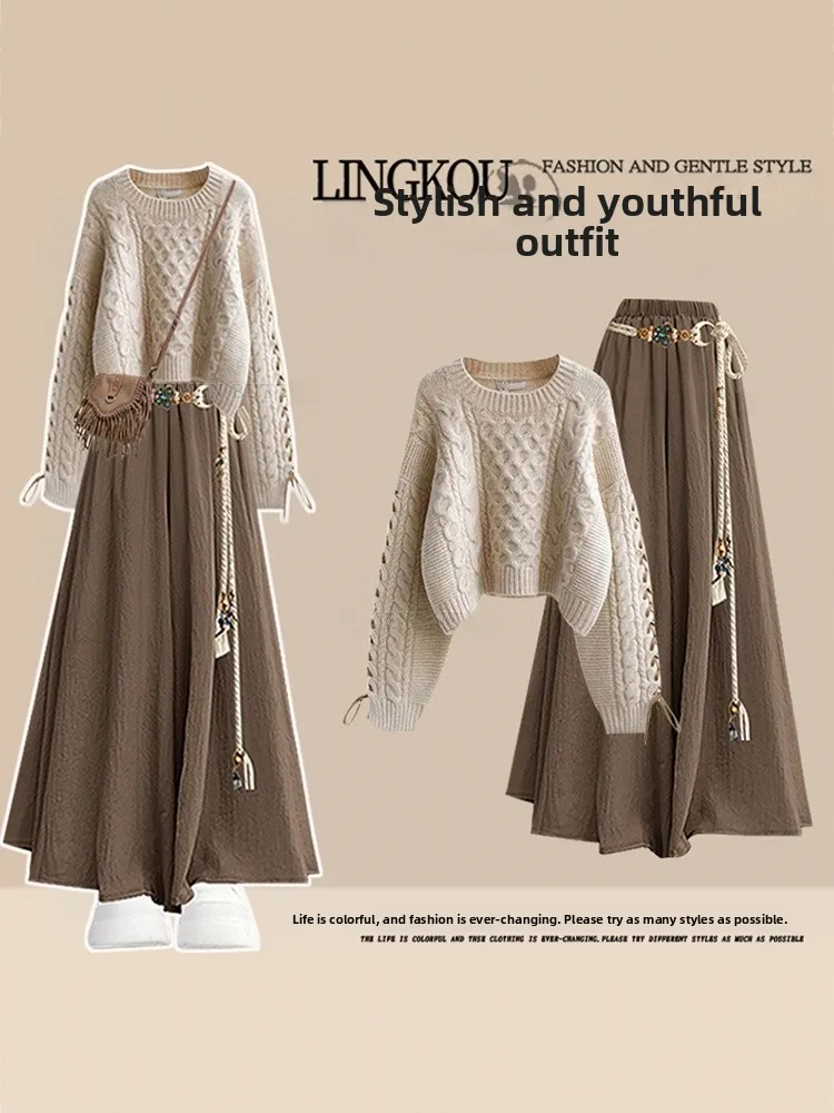 

plus Size Autumn Preppy Style Knitted Sweater And Slim Wide Leg Casual Skirt Pants Two Piece Set Women's Fashion Comfortable