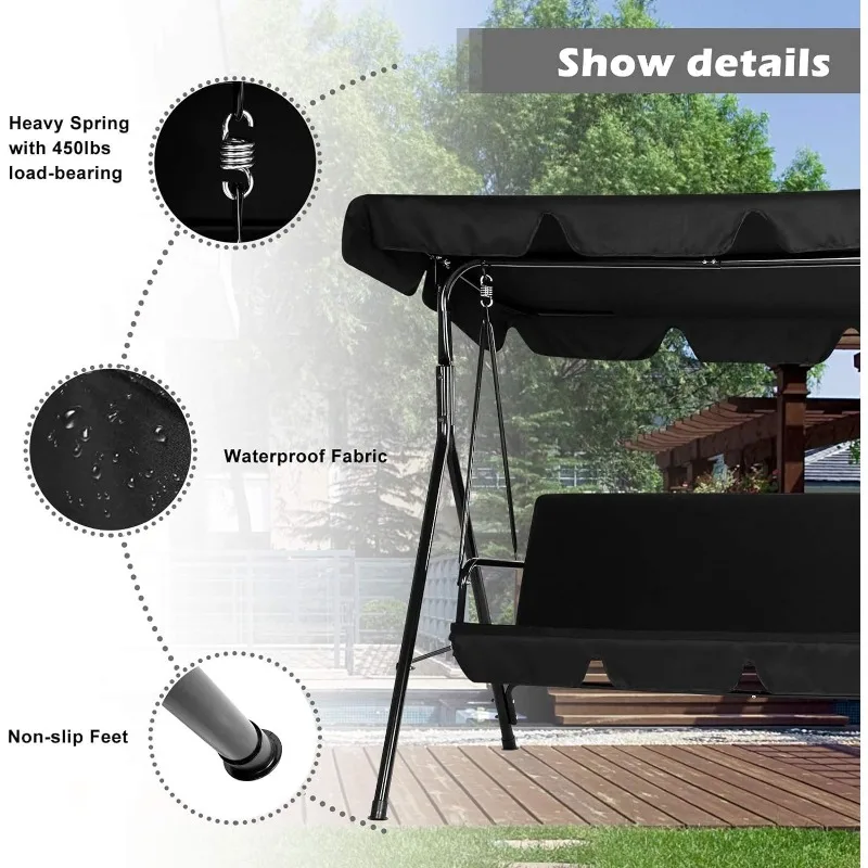 Outdoor Patio Swing Chair for Adults, 3-Seat Porch Swings with Adjustable Canopy, Outside Swing Bench with Removable Cushion