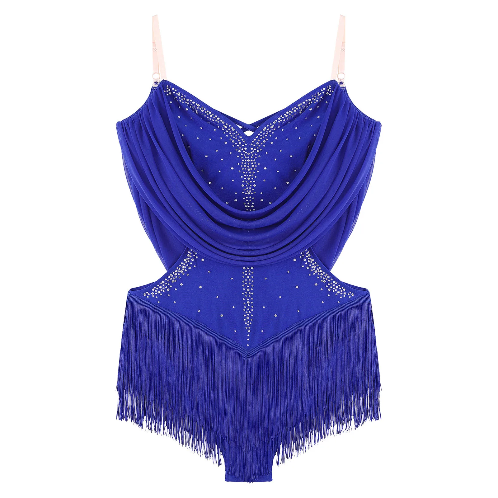 

Womens Latin Jazz Dance Dress Ruched Mesh Drapes Tassel Lyrical Leotard Rhinestones Adjustable Straps Cutout Fringed Bodysuit