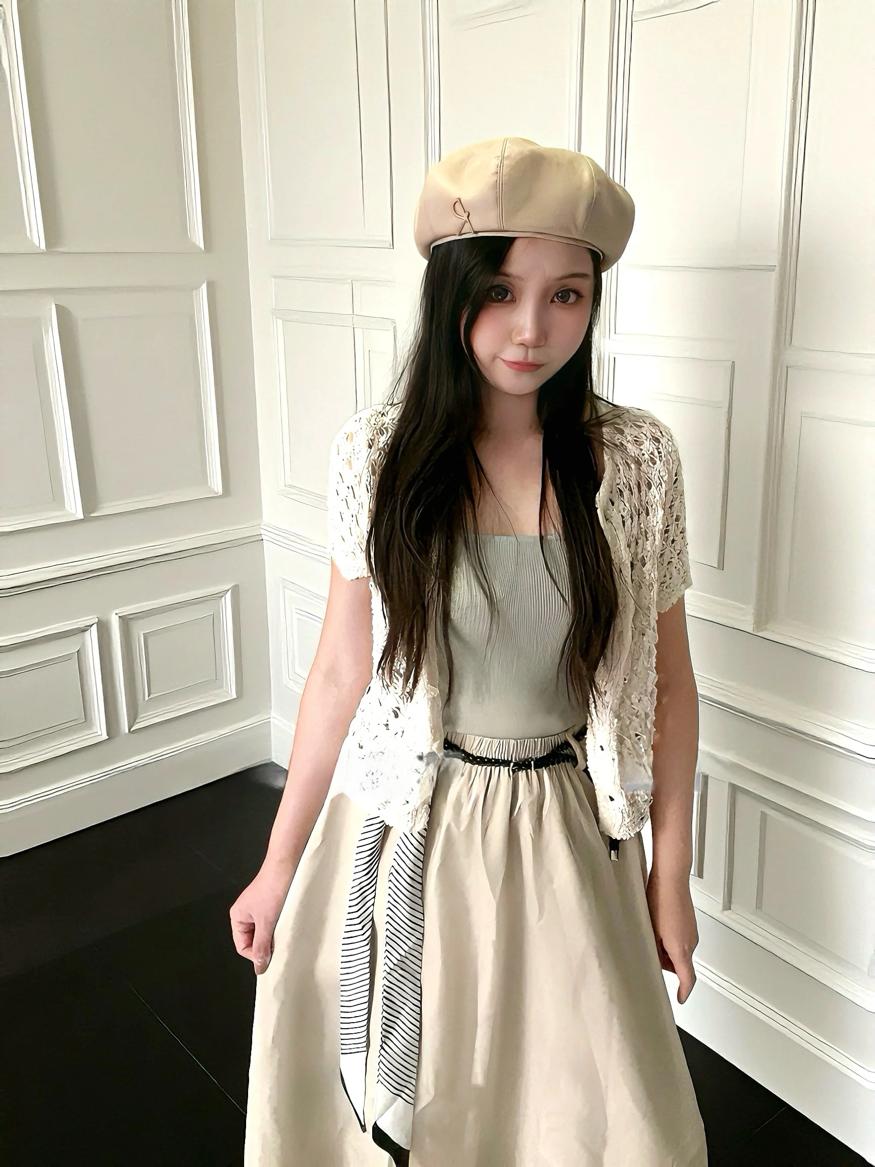 Gevi 25FW Nueva Falda Retro de Cintura Alta Estilizada con Rayas y Pañuelo de Seda, Versátil, Cintura Elástica, Mezcla de Poliéster y Algodón
