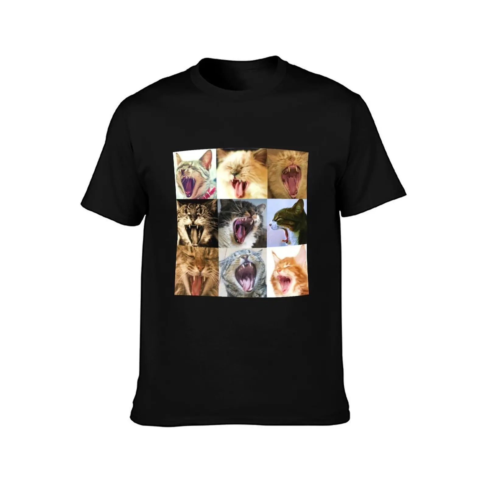 Screaming / Yawning Cats 3x3 Grid T-Shirt, Summer Casual Cotton Tee, Oversized Streetwear Tops, Vintage Graphic Print
