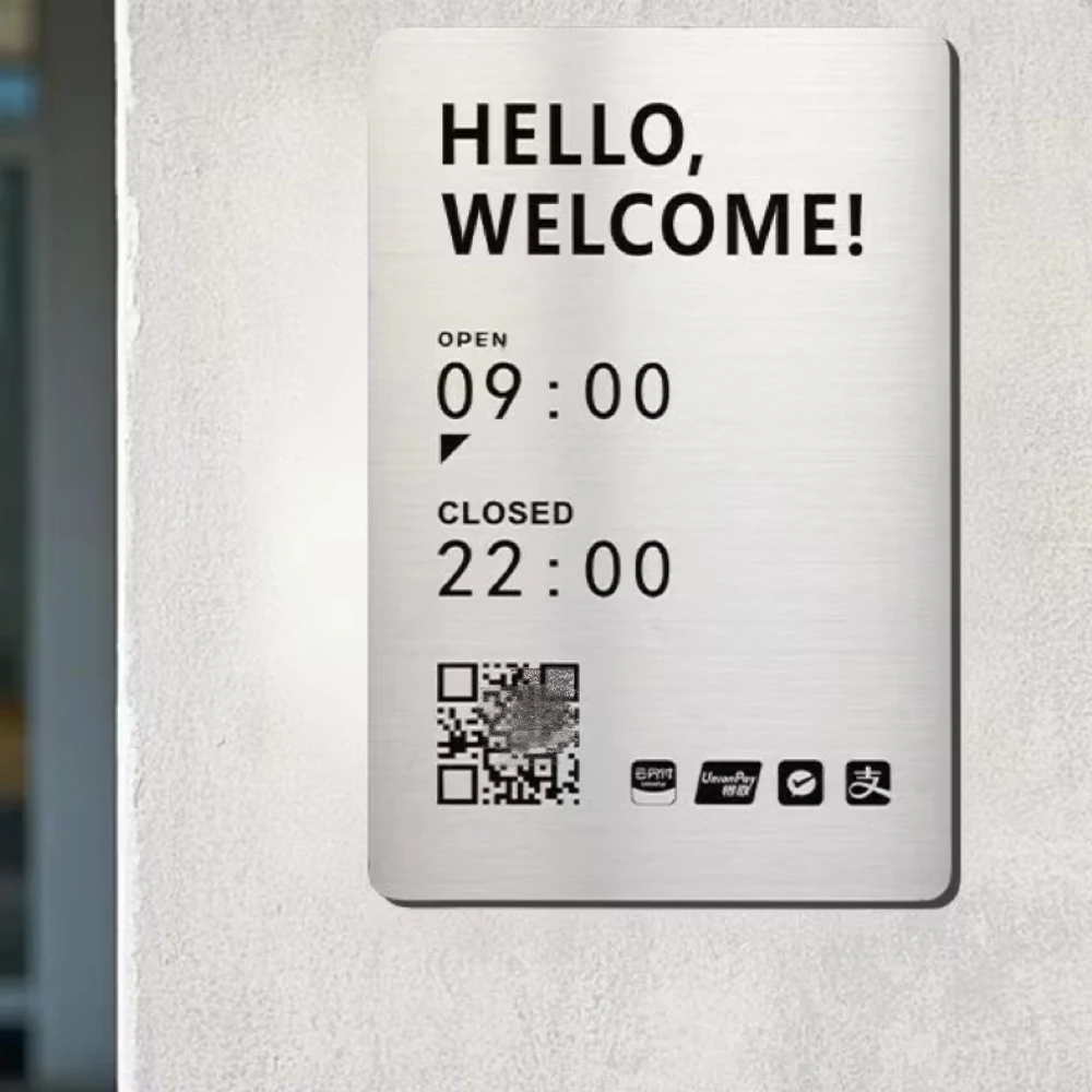 Modern Stainless Steel Plate with Printed Customized Business Hours and QR Code for Company Hotel Bar Villa Shop Store Sallon