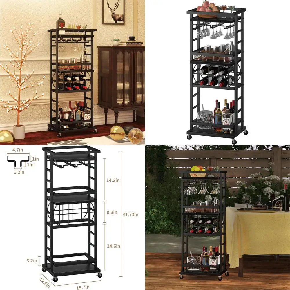 

Передвижная 4-уровневая тележка-бар с подставкой для вина и держателем для бокалов для дома, кухни и использования на открытом воздухе, черная