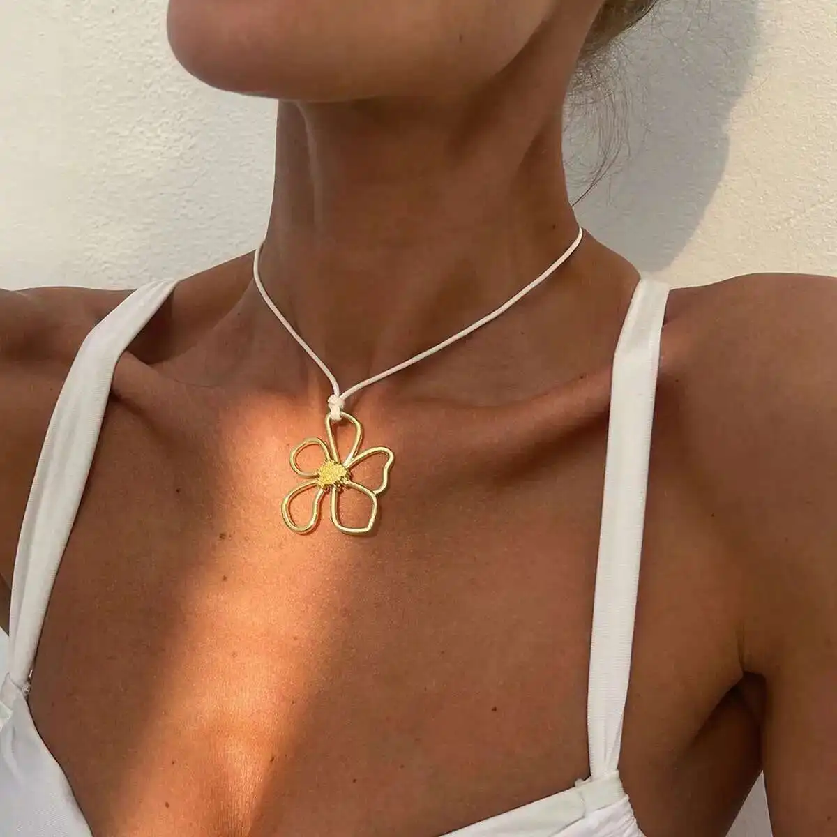 Lacteo Minimalist White Leather Wax Thread Chain Necklace Women Hollow Flower Creative Unique Pendant Clavicle Neck Jewelry 2025