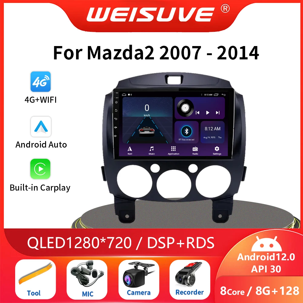 Rádio Automóvel Multimédia Leitor de Vídeo, Autoradio, GPS de Navegação, Carplay, Unidade Principal, DSP, WiFi, Android 12, Mazda 2 2007-2014, 2 Din