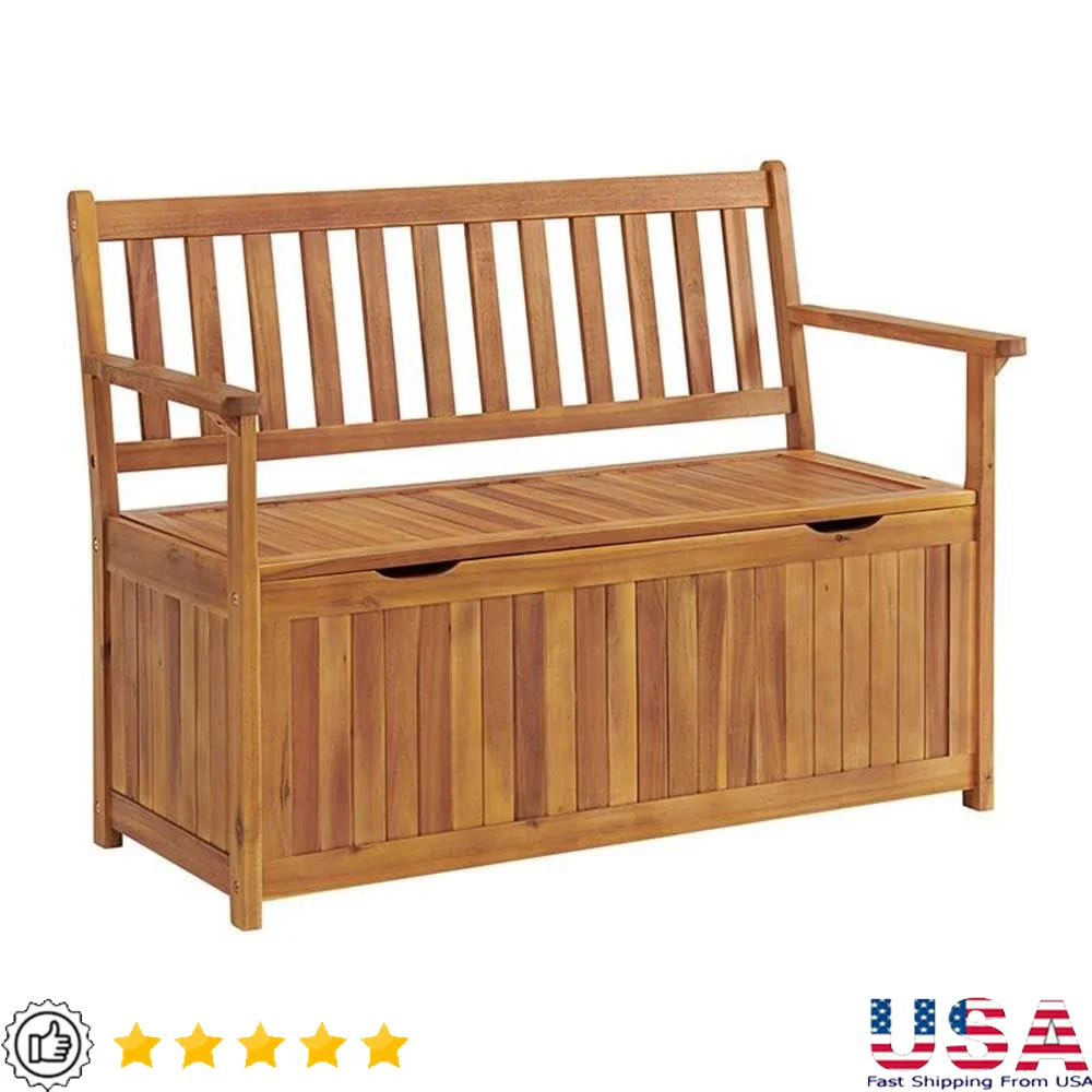 

Outdoor Acacia Wood Bench Storage Seat Garden Cushions Blankets Organize Modern Style Woodunei