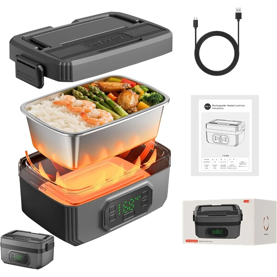 صندوق غداء كهربي محمول للبالغين مع مؤقت ووظيفة التسخين الذاتي القابلة لإعادة الشحن سعة 1.6 لتر حاوية من الفولاذ المقاوم للصدأ مع 24 #1