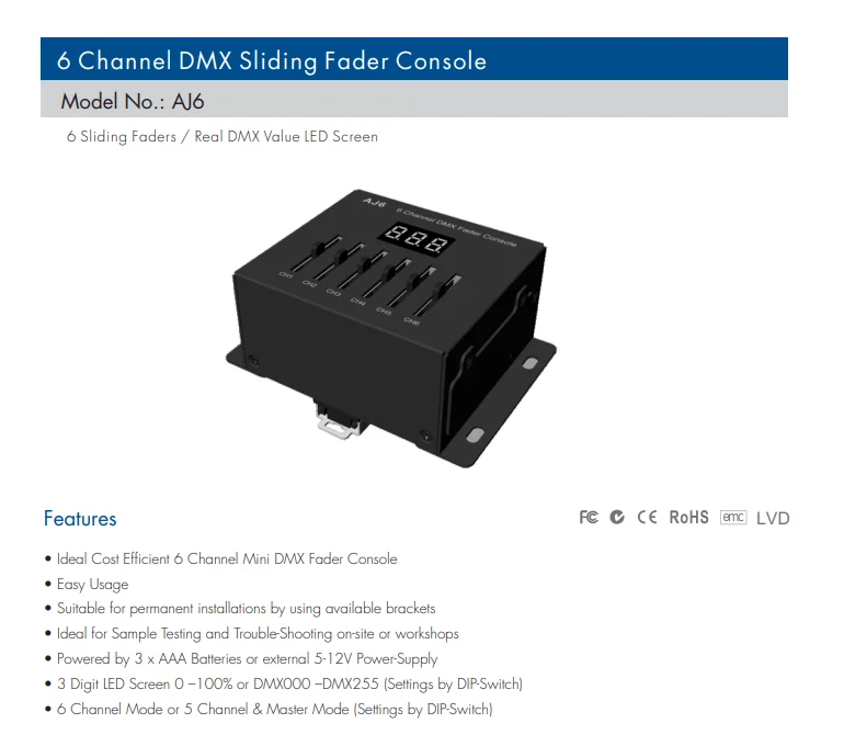 Imagem -02 - Dmx Deslizante Fader Console Mestre Canais Aj6 6ch x Bateria Aaa Controlador Dmx512 Fiação Dip-switch para Luzes Novo 5v 12v dc