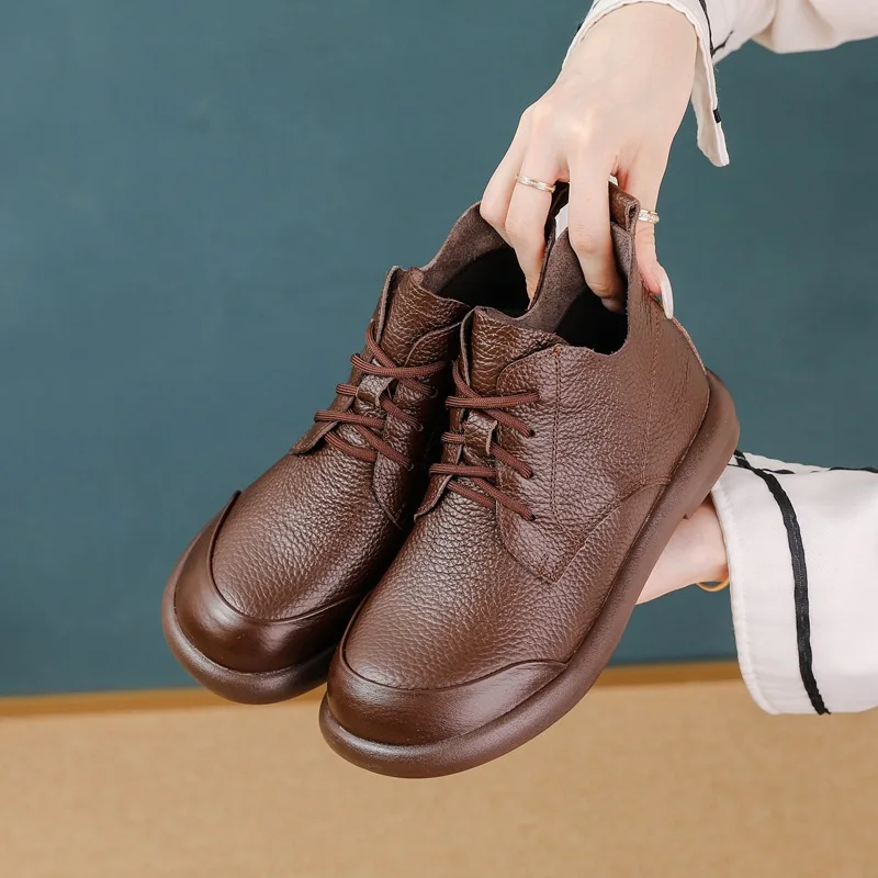 

New Real Cowhide Leather Boots Women Luxury Waterproof Oxford Shoes Ladies Lace-up Ankle Boot Low Heel Shoes Woman Short Booties