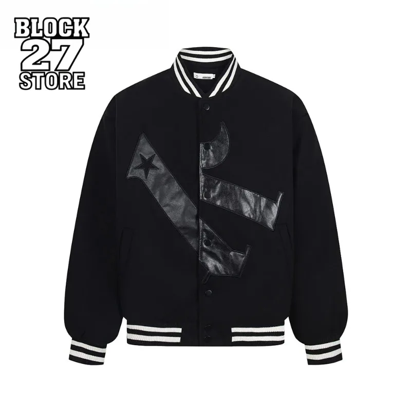 

Harajuku бейсбольная куртка с нашивкой и вышивкой букв, мужская осенне-зимняя ретро уличная повседневная верхняя одежда с воротником-стойкой и длинными рукавами