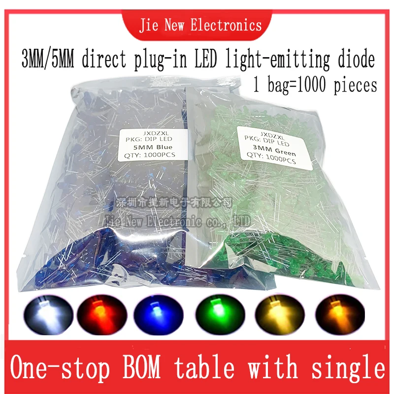 A bag of 1000PCS 3mm LED Diode F3 White Green Red Blue Yellow Orange Pink Purple Warm White DIY Light Emitting Diode
