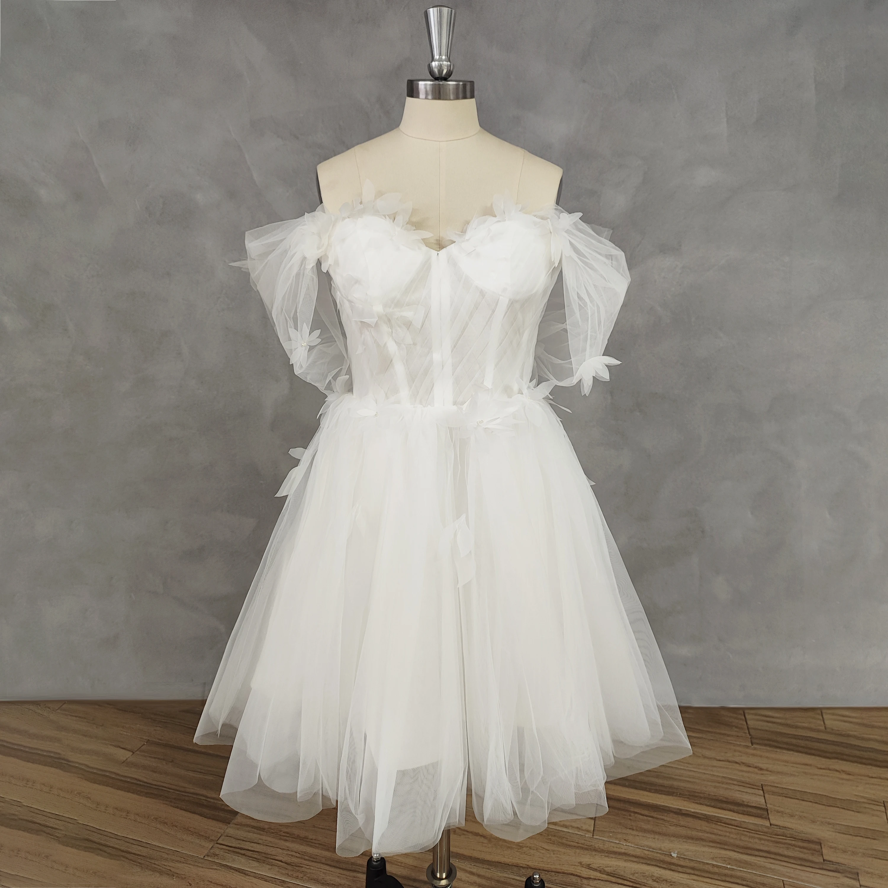 DIDEYTTAWL Real Picture 3D Flowers Off-Shoulder Tulle Wedding Dress A-Line Pleats Zipper Back Elegant Bridal Gown Custom Made