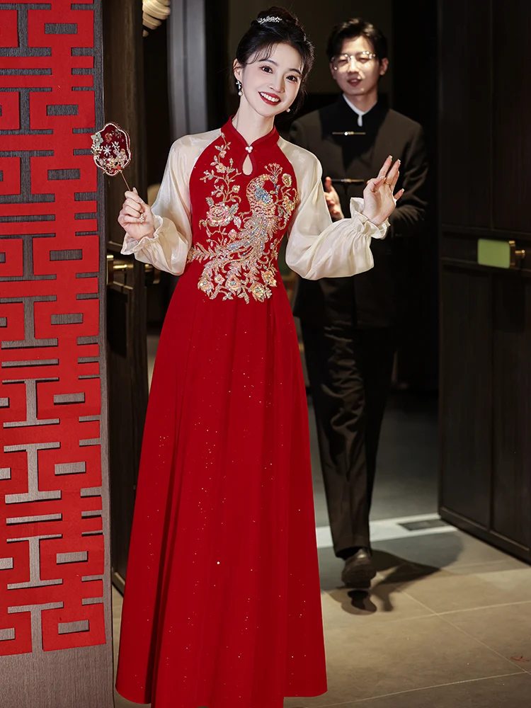 

New Chinese Sle Wedding Dr Long Sve for Bridesmaid And Pregnant Women Winter Wedding Gown Floor Length High Waist