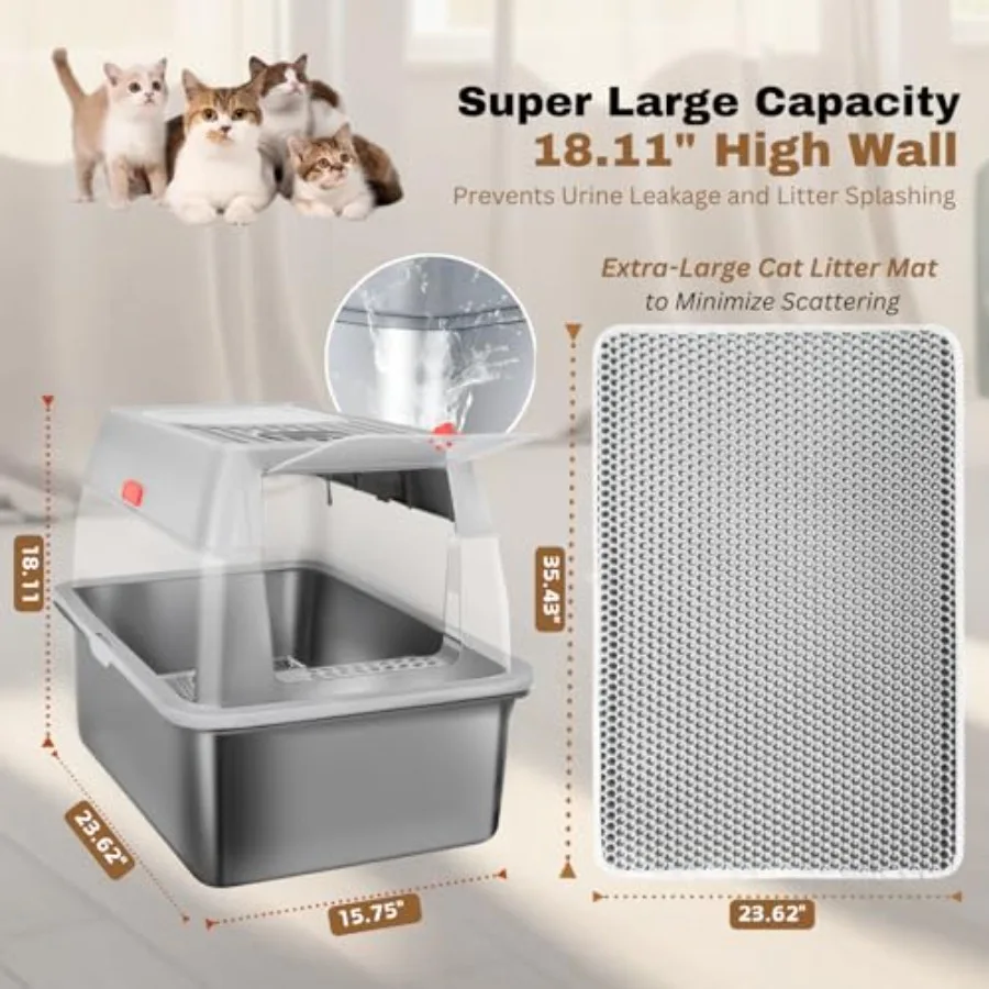 XXL Stainless Steel Sifting Litter Box with Lid, Fully Enclosed 8 Deep Metal Cat Litter Box, Leak-Proof, for Pine Pellets or No view 2