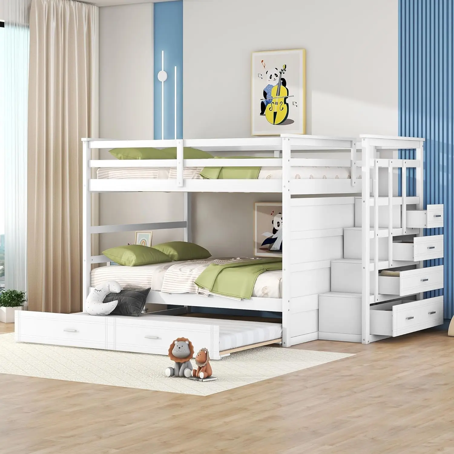 Solid Wood Full Over Full Bunk Bed with Storage Staircase & Twin Trundle, Safety Guards & 4 Drawers (White-F6)