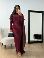 Abaya – Robe de soirée en Satin bordeaux pour femmes, modeste, Simple, offre spéciale, Robe de Cocktail avec Cape latérale, élégante, arabe, manches longues 2