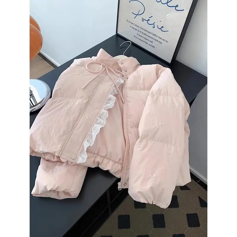 Damenmantel, Winter- und Herbstjacke, Oberbekleidung, warm, mit Fleece gefüttert, rosa, schlicht, für Pendler, kurze Schleife, Stickerei, Puffermantel