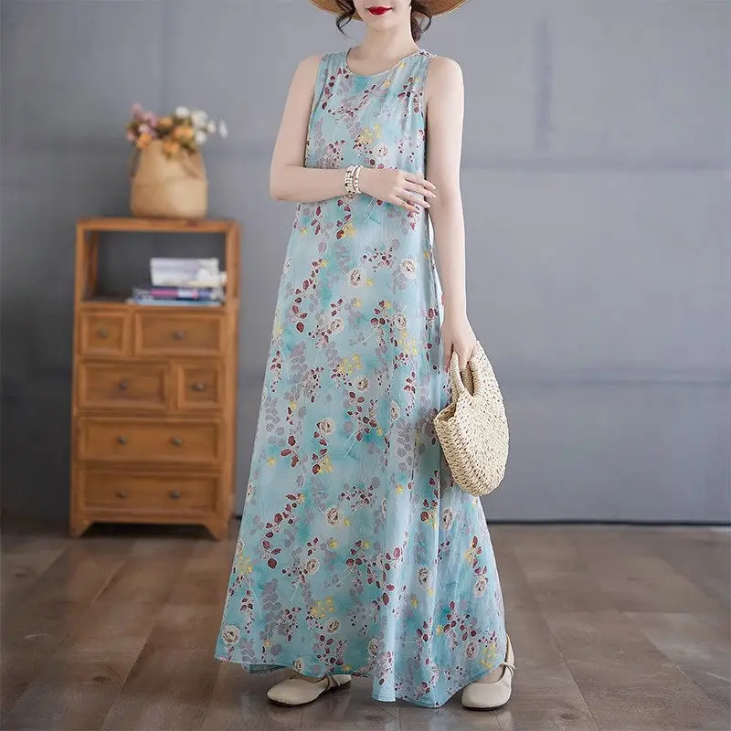2025 ชุดเดรสแขนกุดโบฮีเมียนฤดูใบไม้ผลิฤดูร้อนของผู้หญิง - ชุดเดรสแม็กซี่เดรสคอกลมพิมพ์ลายลําลอง Flowy Beachwear G319