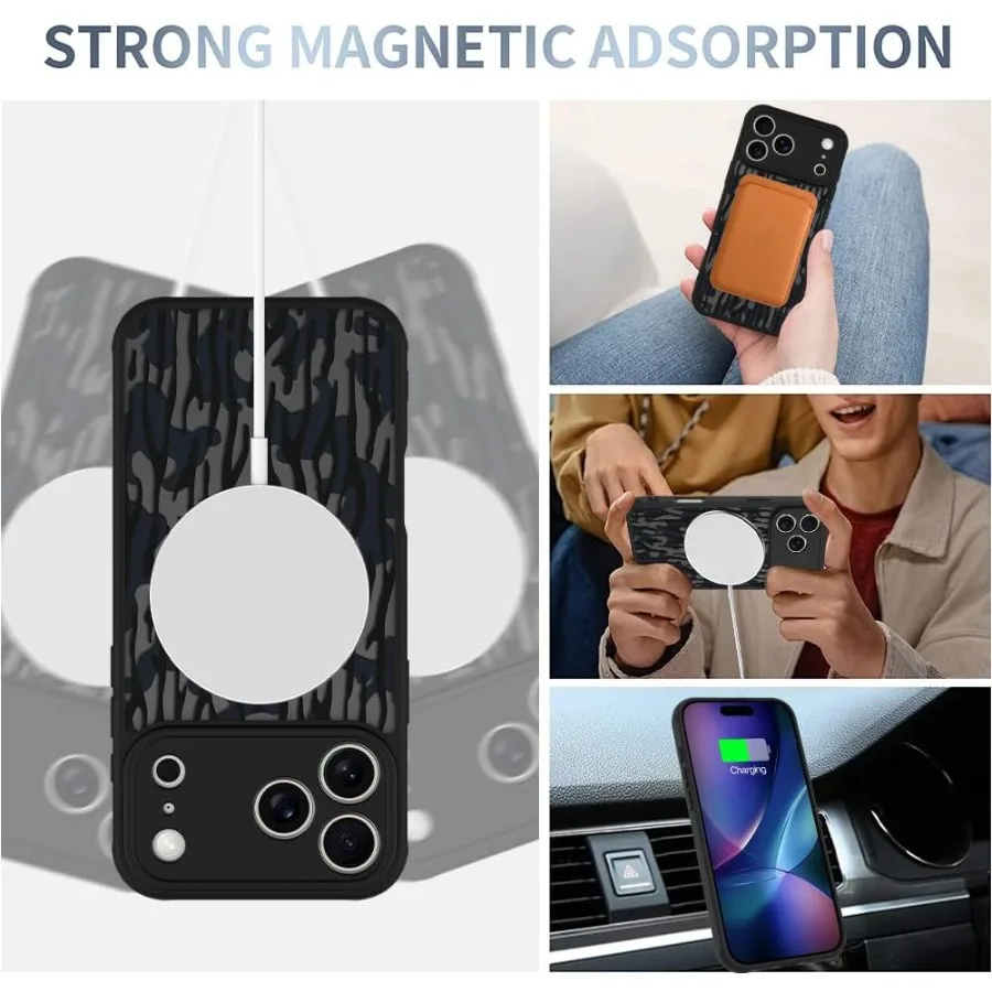 아이폰 17 프로용 케이스 [MagSafe 호환] 블랙 카모플라주 패턴 디자인 여성 소녀 남성용 소프트 TPU 범퍼