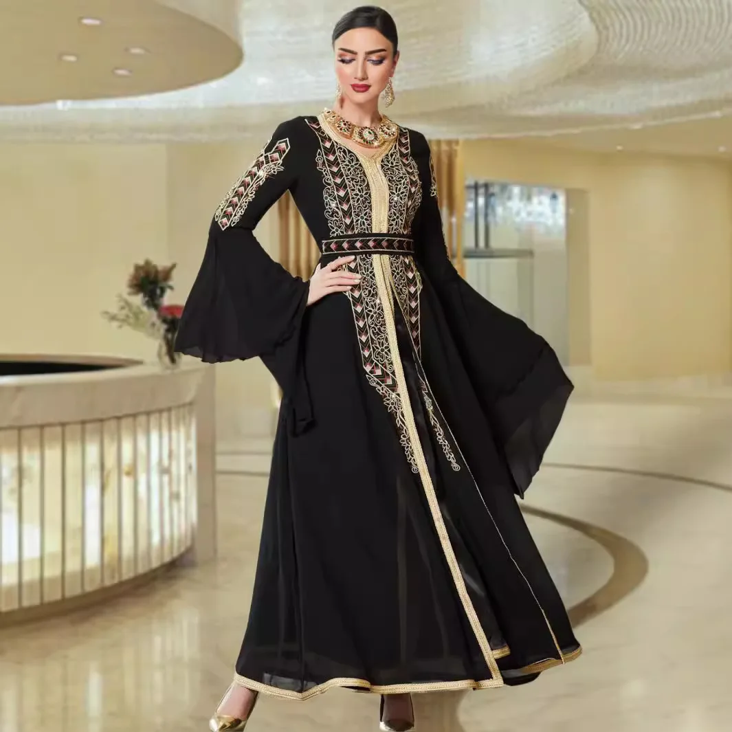 BA3024 Black Chiffon Splicing Heavy Industry Embroidery Horn Sleeve Long Dress Arab Party Robe