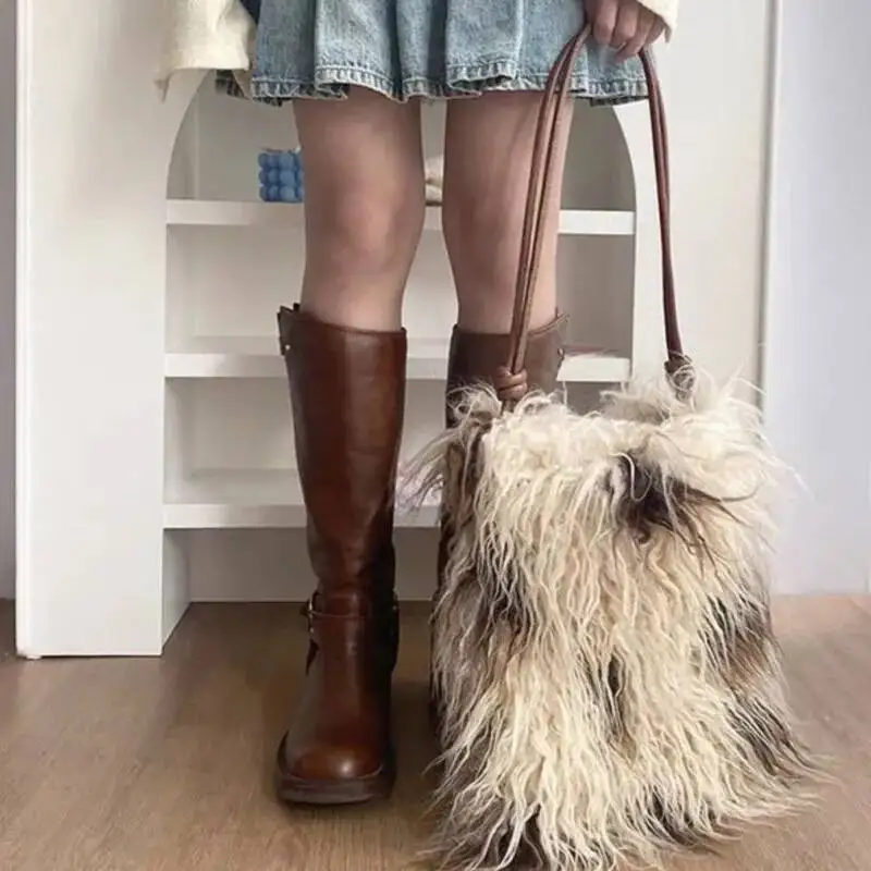 

Haruku Beige Plush Tote Women Soft Large Capacity Shoulder Ladies Y2k Aesthetics Unique Distinctive Crossbody Bag 2025