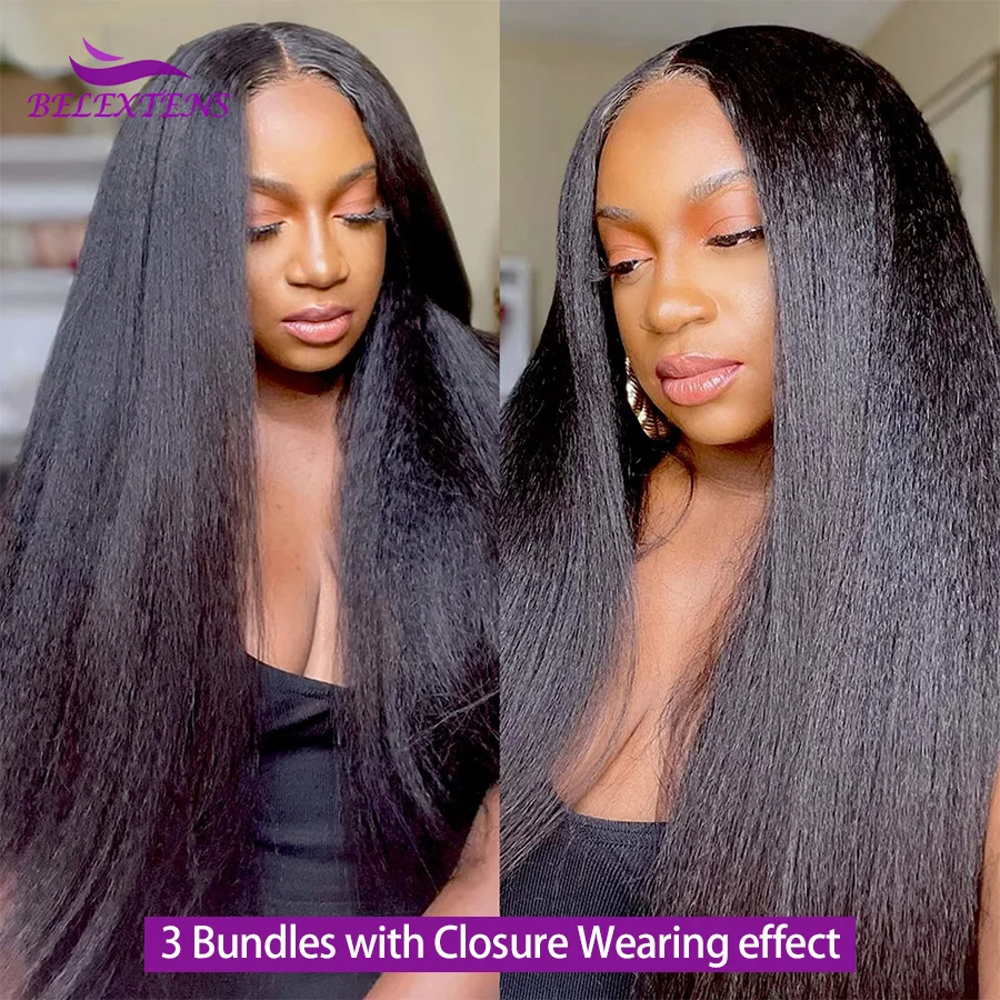 Kinky Straight Hair Bundles with Closures Yaki Human Hair Bundles with Closure 12-32inch Brazilian Raw Hair Bundles with Closure