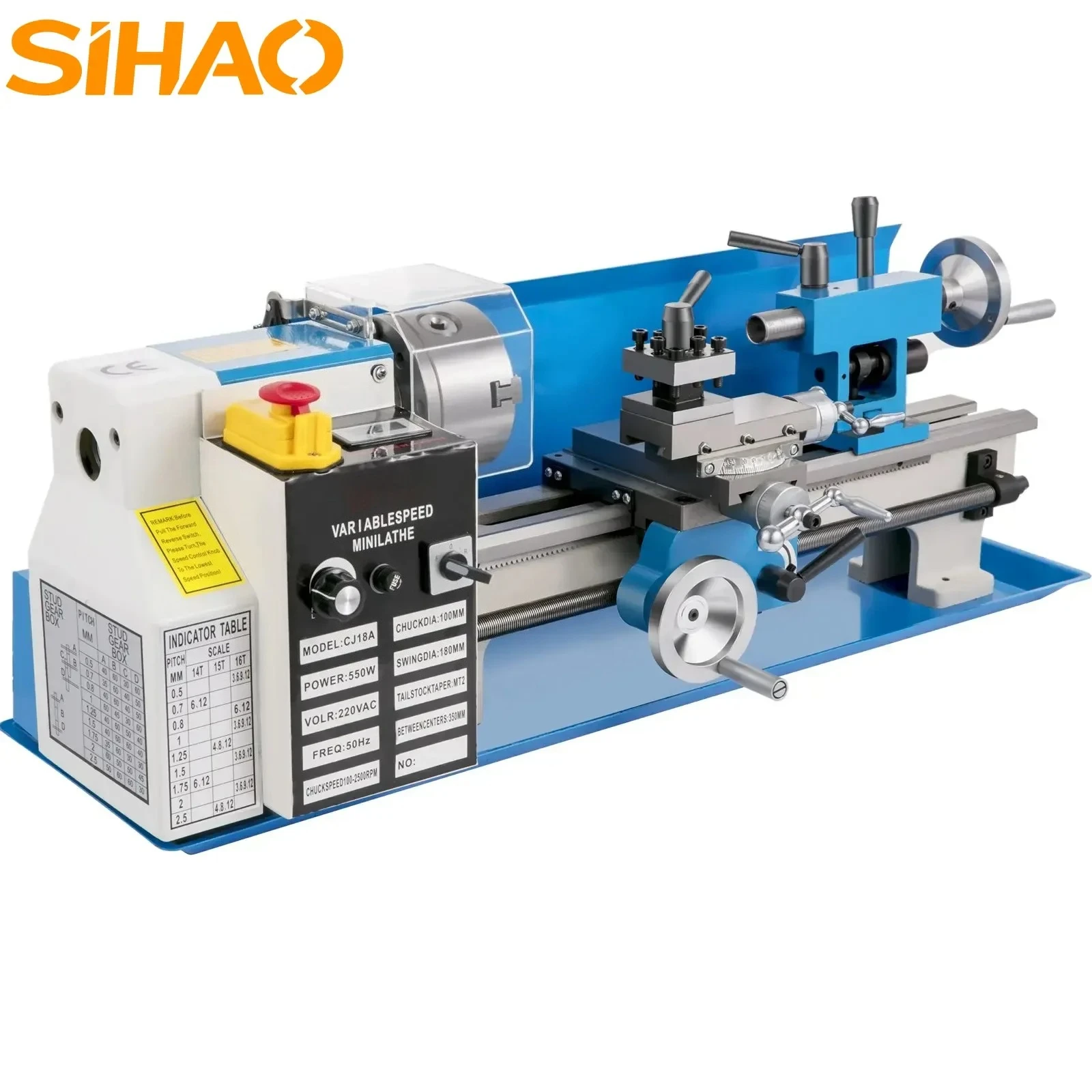 مخرطة معدنية صغيرة من SIHAO مقاس 7 بوصة × 14 بوصة 550 وات لخيوط تروس معدنية عالية الدقة 4 بوصة 3 فك تشاك للأشياء المربعة والمستديرة