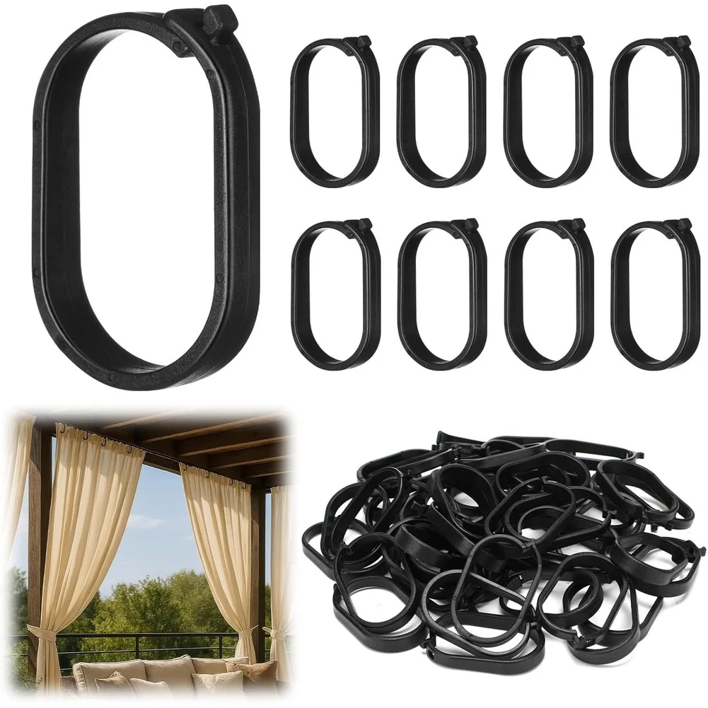 50pcs Black Plastic Gazebo Curtain Hooks for Outdoor Shade Screens Rustproof PP Shower Curtain Rings 1.57x1.18 Inches