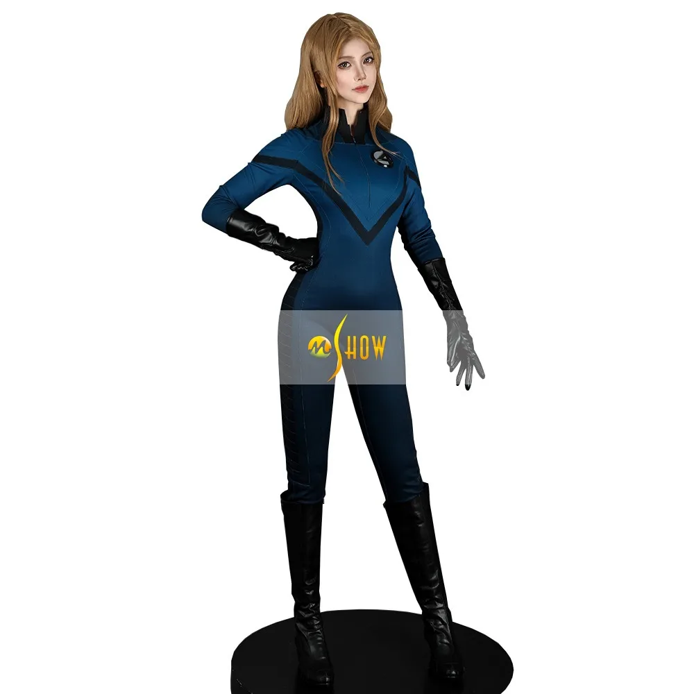 

Invisible Woman Cosplay Costume 2005 Version Fantastic Invisible Jumpsuit Gloves Boots Superhero Zentai Blue Bodysuit Adult