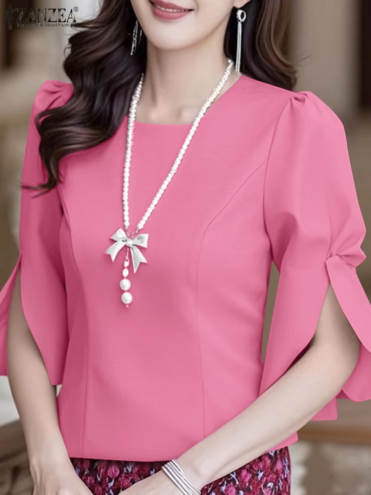 

ZANZEA Women Summer 3/4 Sleeve Work Blouses Elegant Solid Shirts Stylish Split Tunic Tops Casual O Neck Female Chemise Oversize