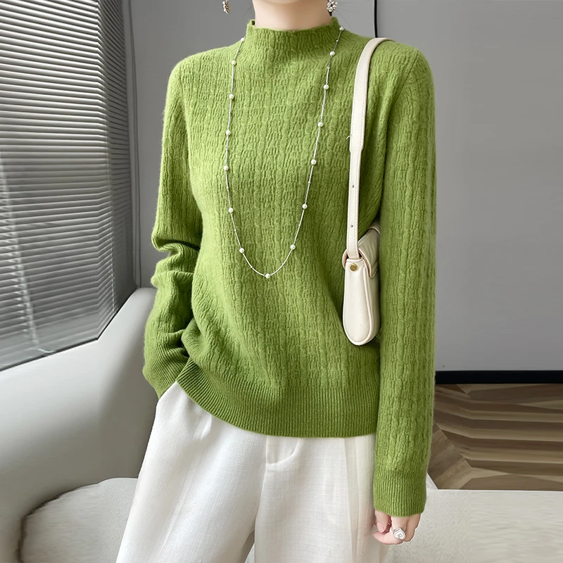 

Autumn Winter Women 100% Merino Wool Sweater Mock Neck Cashmere Pullover Basic Fashion Clothing Comfort Warm Top Casual Solid