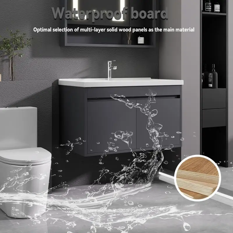 حوض حمام مثبت على الحائط مقاس 32 بوصة مع مجموعة حوض سيراميك، باب خزانة مغلق ناعم، يتضمن استنزاف منبثق وصندوق على شكل حرف P، رمادي