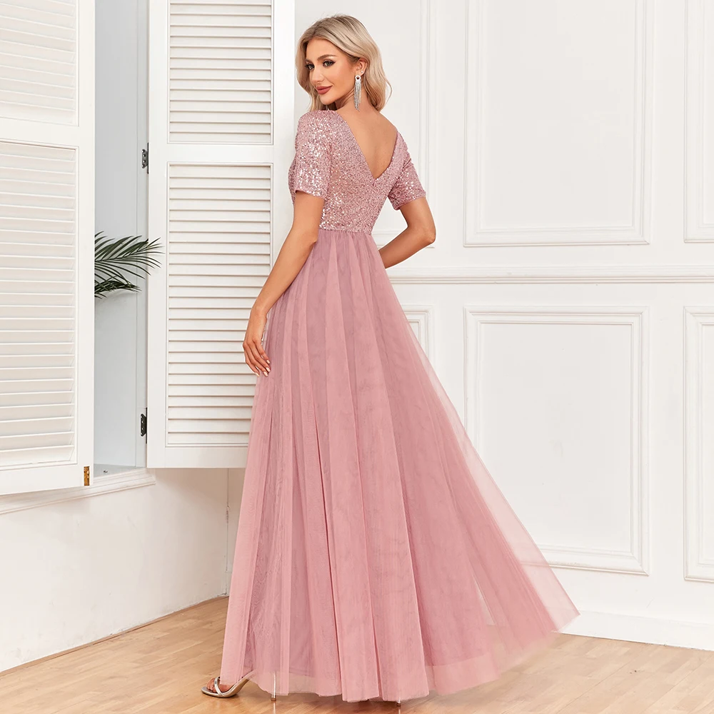 Women Elegant V-neck A-Line Tulle Evening Dress Floor Length Formal Prom Party Gown Sequins Short Sleeves Dress