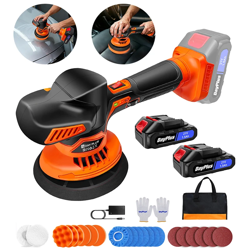 BRIEFNESS Akku Auto Poliermaschine 21V DA, 2 Akkus, 6 Geschwindigkeiten, Tellergröße 125-150mm, für Wachsen und Polieren, Doppelaction-Poliermaschine für Fahrzeug-Detailing