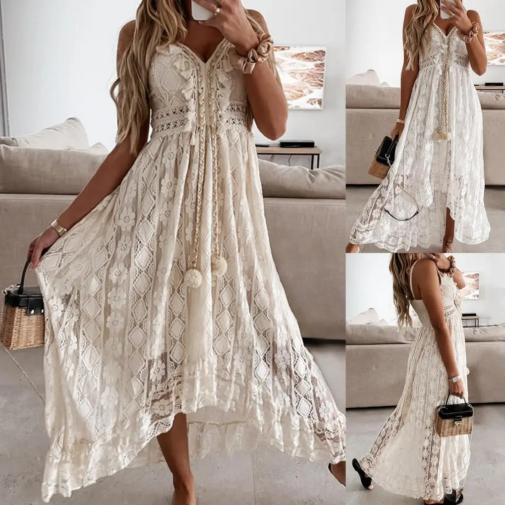 

Elegant Off Shoulder Lace Womens Dresses Lace Large Hem Summer Elegant Spaghetti Strap Midi Dress