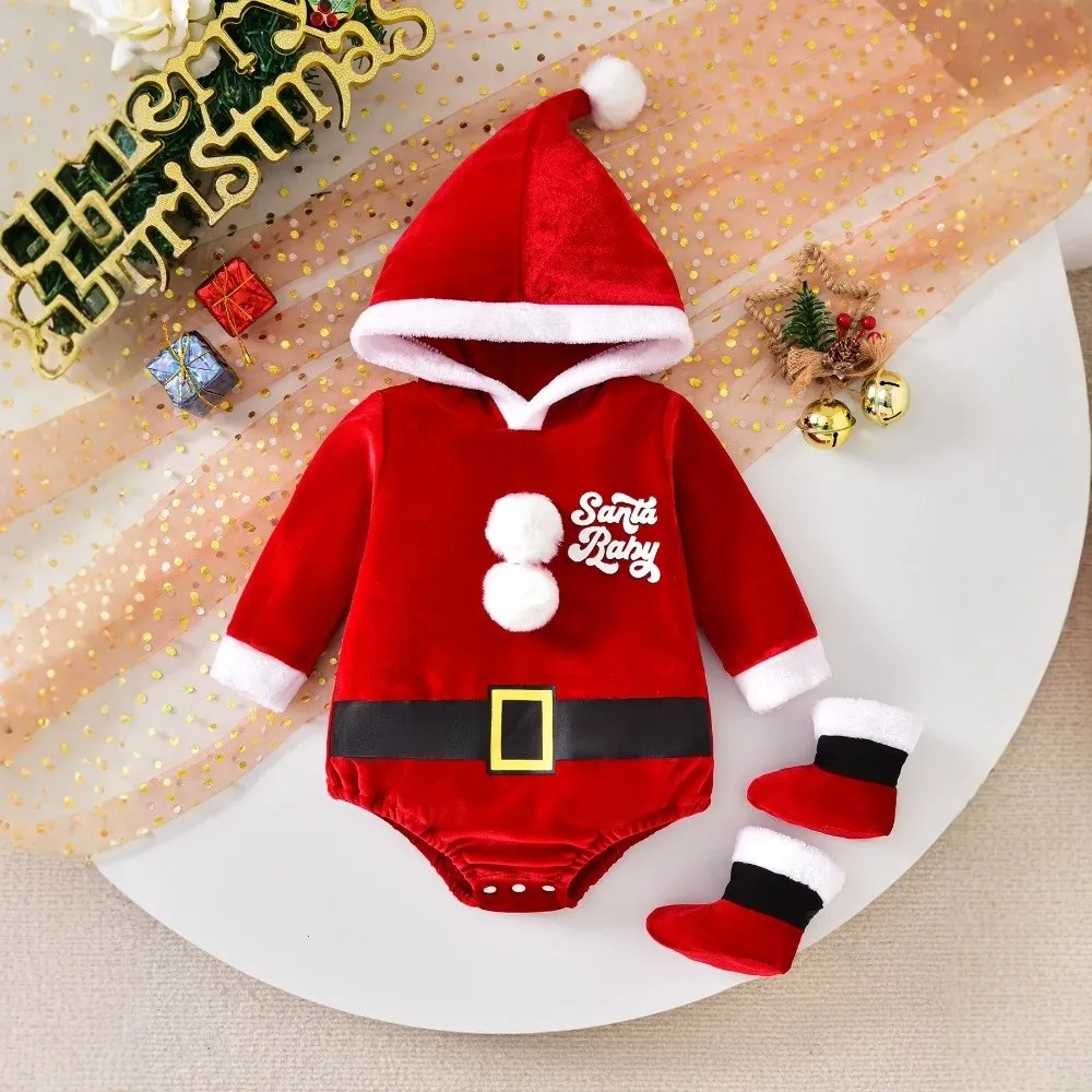 Cute Velvet Santa Claus Costume with Socks Set Hooded Design Infant Rompers Set Long Sleeve Baby Jumpsuit Outfit For Girls